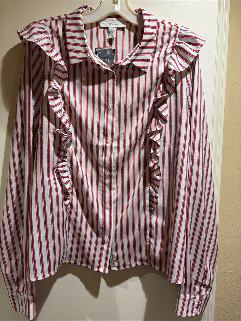 Forever 21 White and Red Striped Ruffle Button-Down Shirt